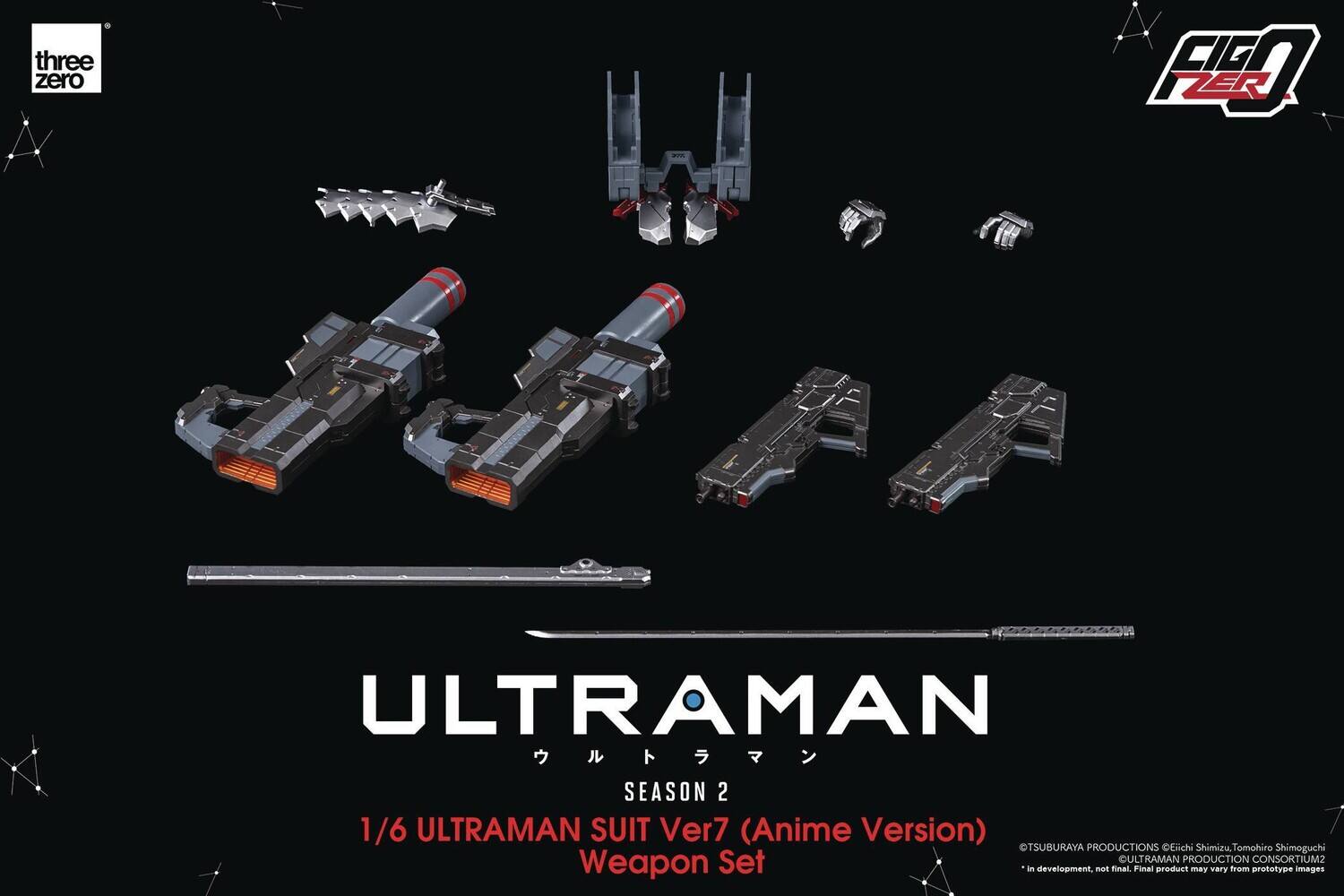 three zero

ULTRAMAN  
SEASON 2  
1/6 ULTRAMAN SUIT Ver7 (Anime Version)  
Weapon Set

TSUBURAYA PRODUCTIONS  
Enichi Shimizu, Tomohiro Shimoguchi  
@ULTRAMAN PRODUCTION CONSORTIUM2  
*In development, not final. Final product may vary from prototype images