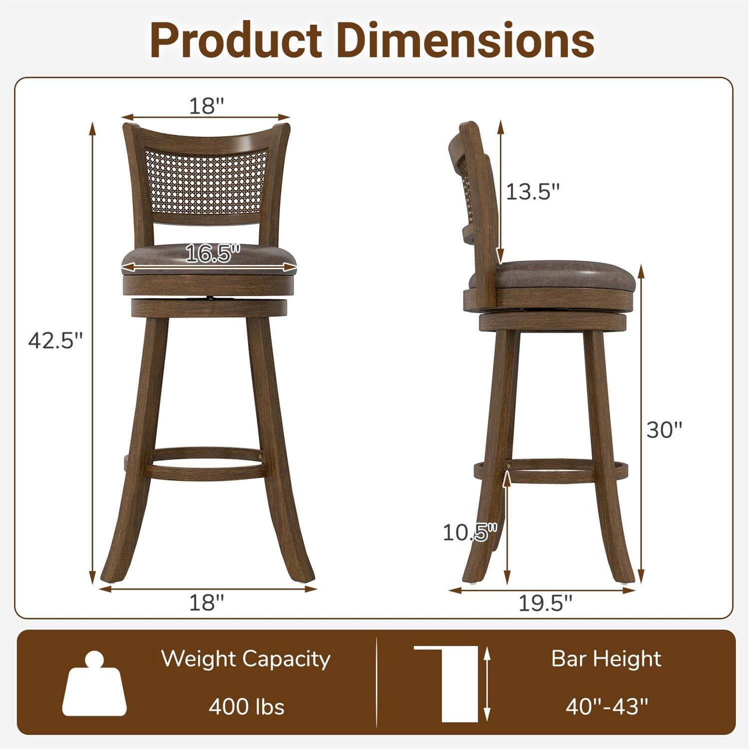 Product Dimensions  
18" x 13.5" x 16.5" x 42.5" x 30" x 10.5" x 18" x 19.5"  
Weight Capacity: 400 lbs  
Bar Height: 40"-43"