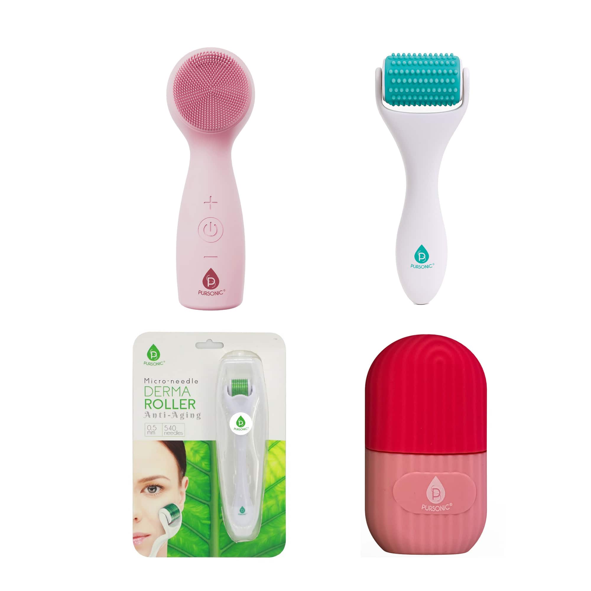 Pursonic - 4-Piece Facial Skincare & Beauty Tool Set – Cleansing Brush, Ice Roller, Derma Roller & Facial Beauty Device
