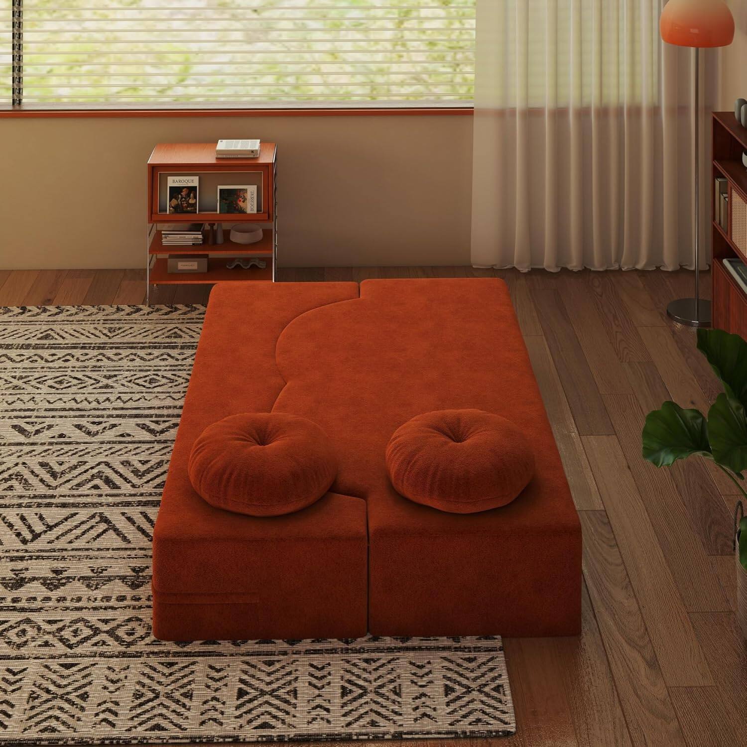 Alt View 4. Trinkets Crazed - 2-in-1 Folding Sofa Bed, Convertible Floor Couch with Full Size Folding Mattres - orange.