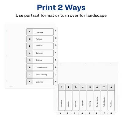 Print 2 Ways  
Use portrait format or turn over for landscape

1. Overview  
2. Policies  
3. Benefits  
4. Calendar  
5. Training  
6. Compensation  
7. Profit Sharing  
8. Vacation  

1 2 3 4 5 6 7 8  
Overview Policies Benefits Calendar Training Compensation Profit Sharing Vacation