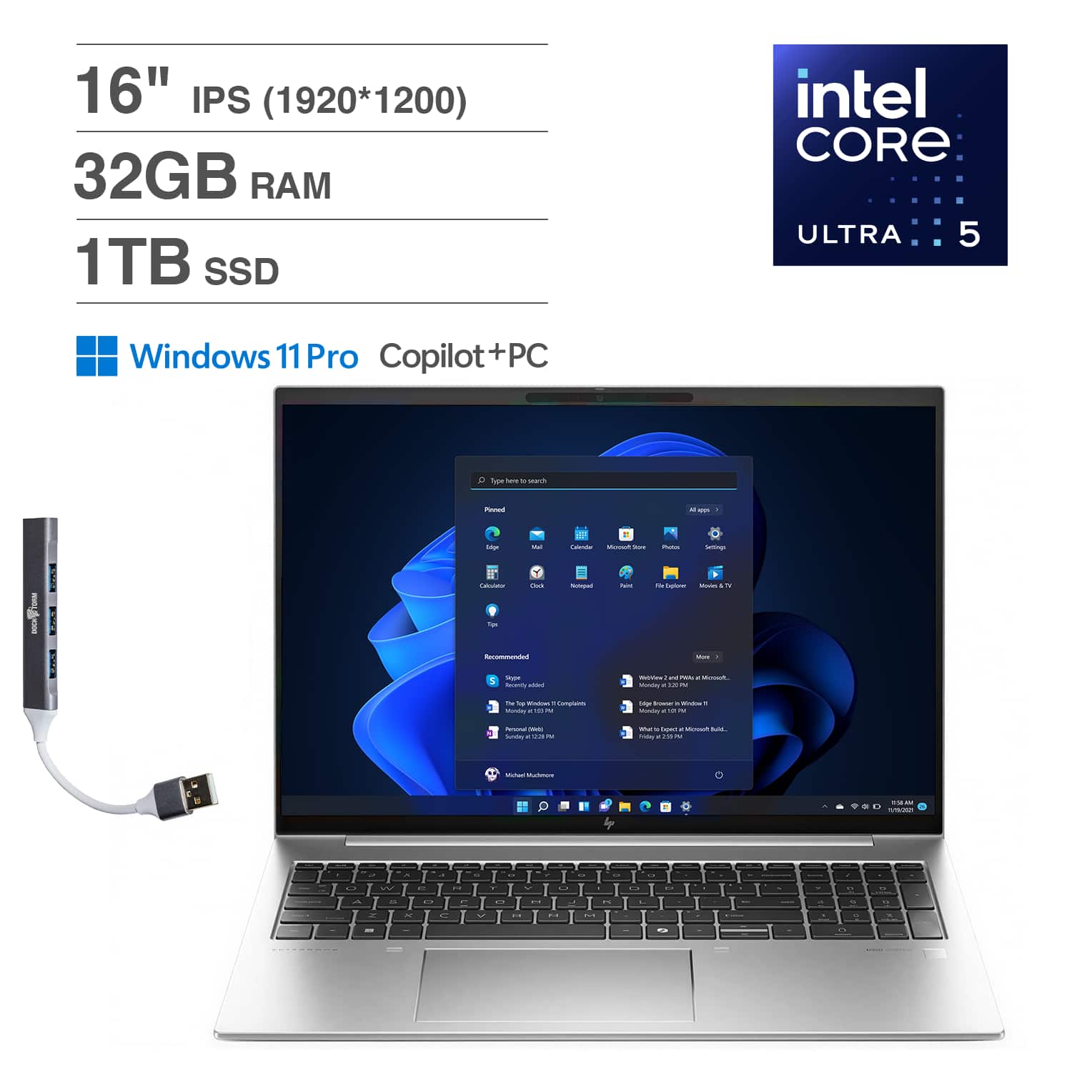 HP - EliteBook 860 Laptop 16.0 WUXGA Display (Intel Ultra 5-135U, 32GB DDR5, Win 11 Pro) w/DKZ USB Port Expander - Pike Silver