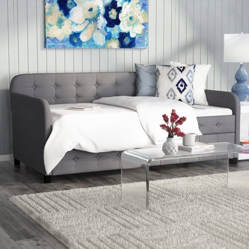 Left. Hivvago - Hivvago Tufted Polyester Linen Twin Daybed with Trundle - Gray.