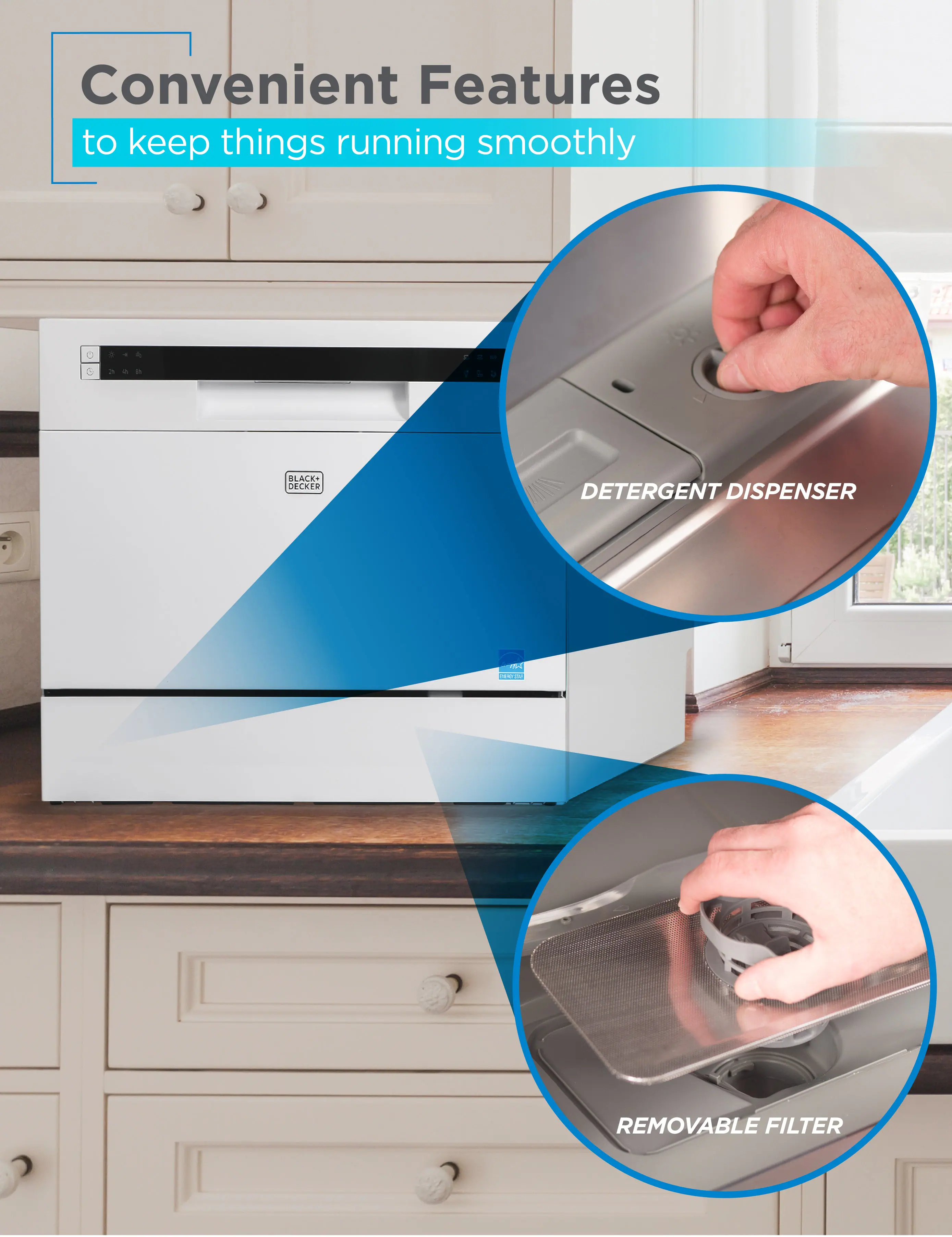 Convenient Features to keep things running smoothly:

1. BLACK+DECKER DETERGENT DISPENSER
2. REMOVABLE FILTER