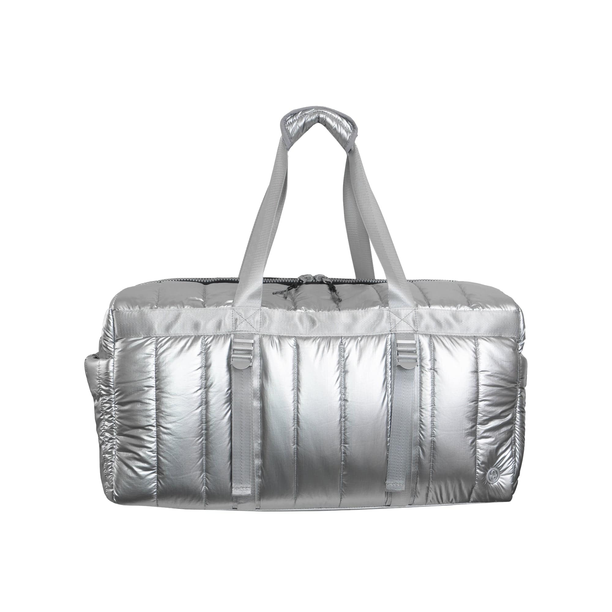 Front. Joan & David - JOAN & DAVID 22" Metallic Quilted Puffer Nylon Weekender Duffle - 331-CHROME.