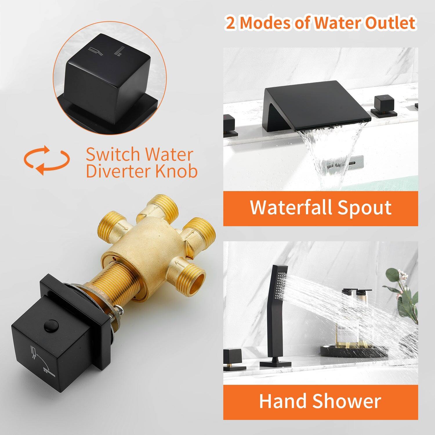 2 Modes of Water Outlet

Switch Water Diverter Knob

Waterfall Spout

Hand Shower