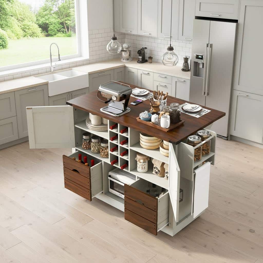 Forest'nSky - Kitchen Island on 4 Large Wheels, 54" Farmhouse Style with Drop Leaf, Power Outlet, 2 Doors - White
