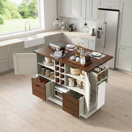 Forest'nSky - Kitchen Island on 4 Large Wheels, 54" Farmhouse Style with Drop Leaf, Power Outlet, 2 Doors - White