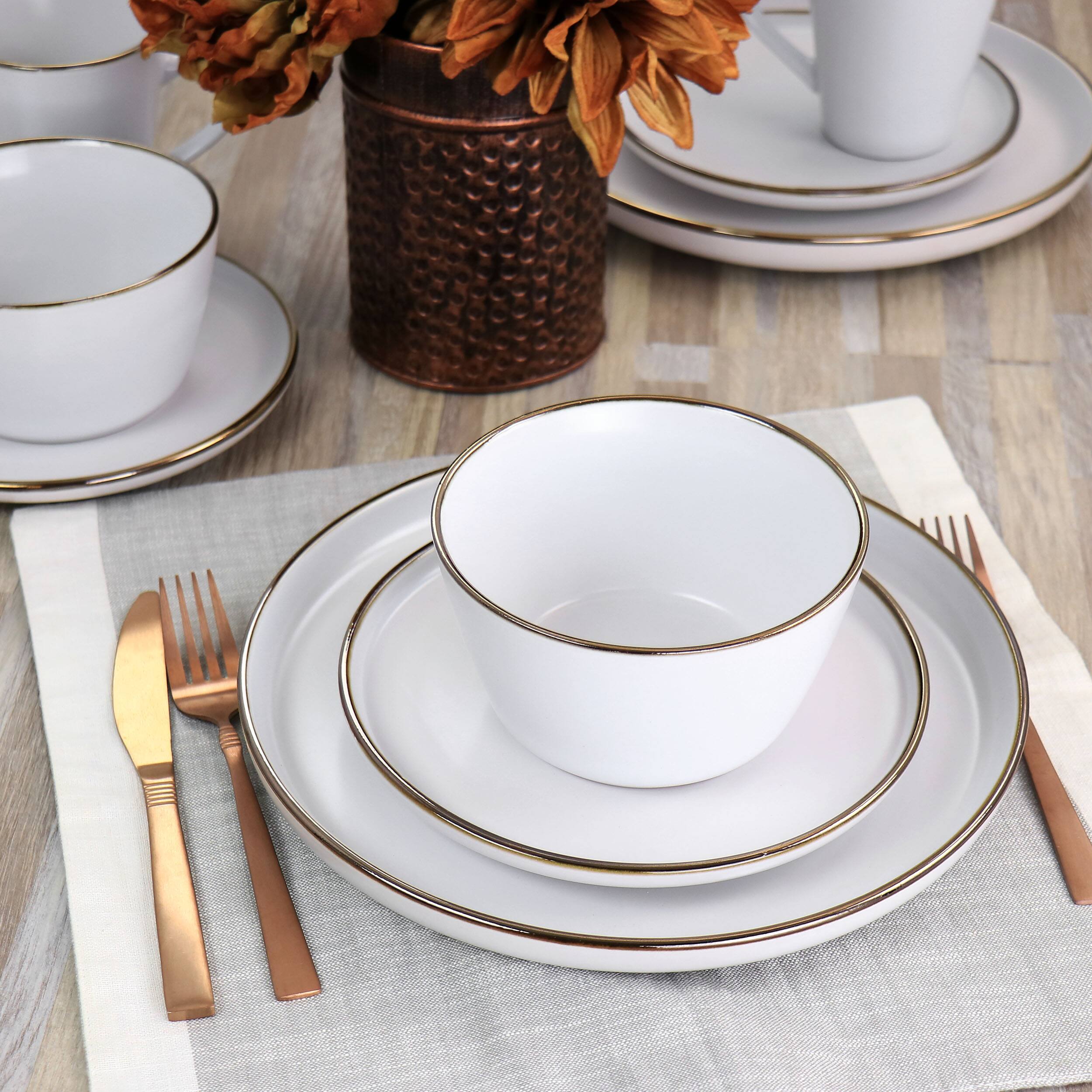 Alt View 8. Elama - Elama Arthur 16 Piece Stoneware Dinnerware Set in Matte White with Gold Rim - White and Gold.