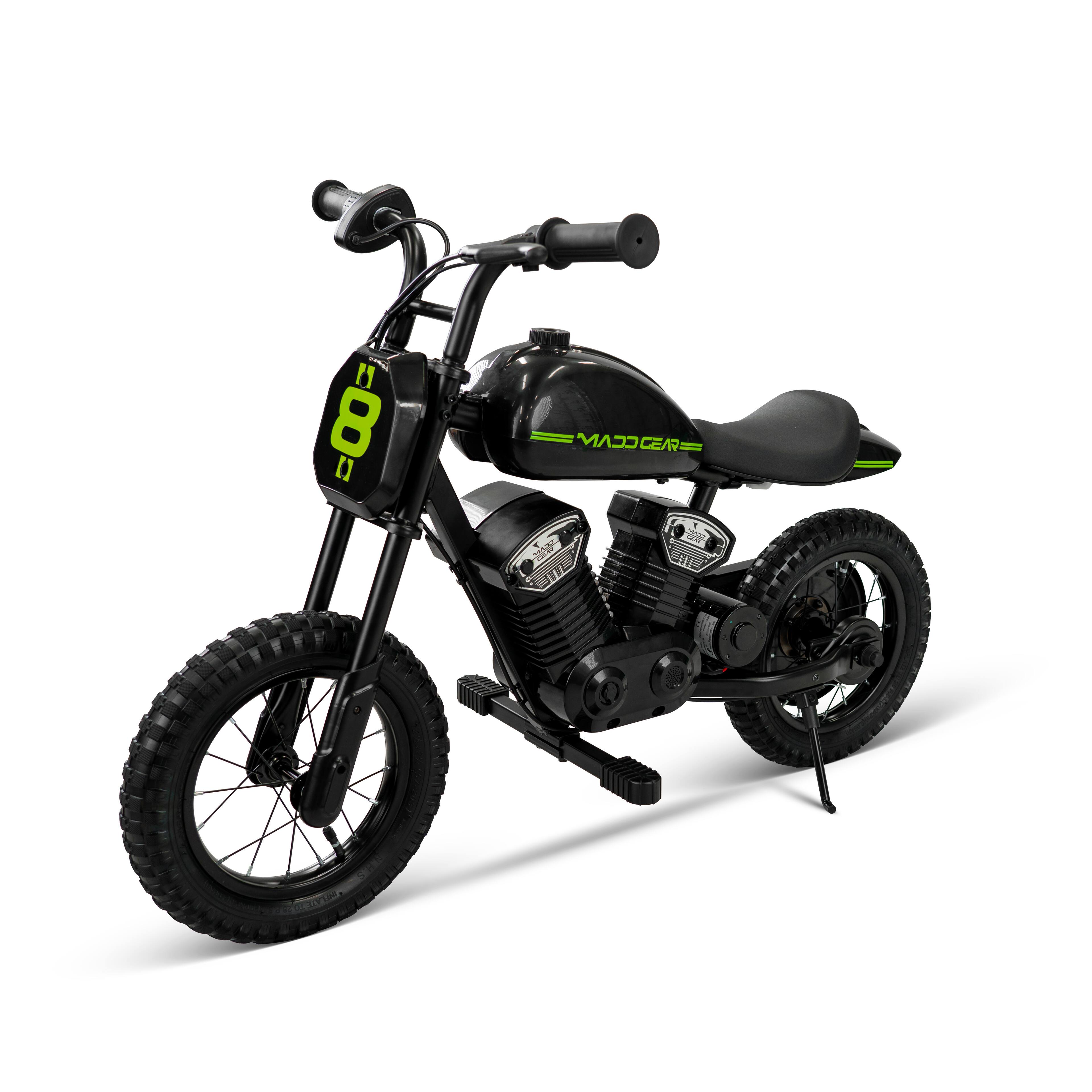 Angle. Madd Gear - Electric Dirt Bike for Kids Ages 5-8 – 24V Dual Speed Up To 10 MPH, 12" Tires – Madd Gear My 1st Mini Electric Dirt Bike - Black.