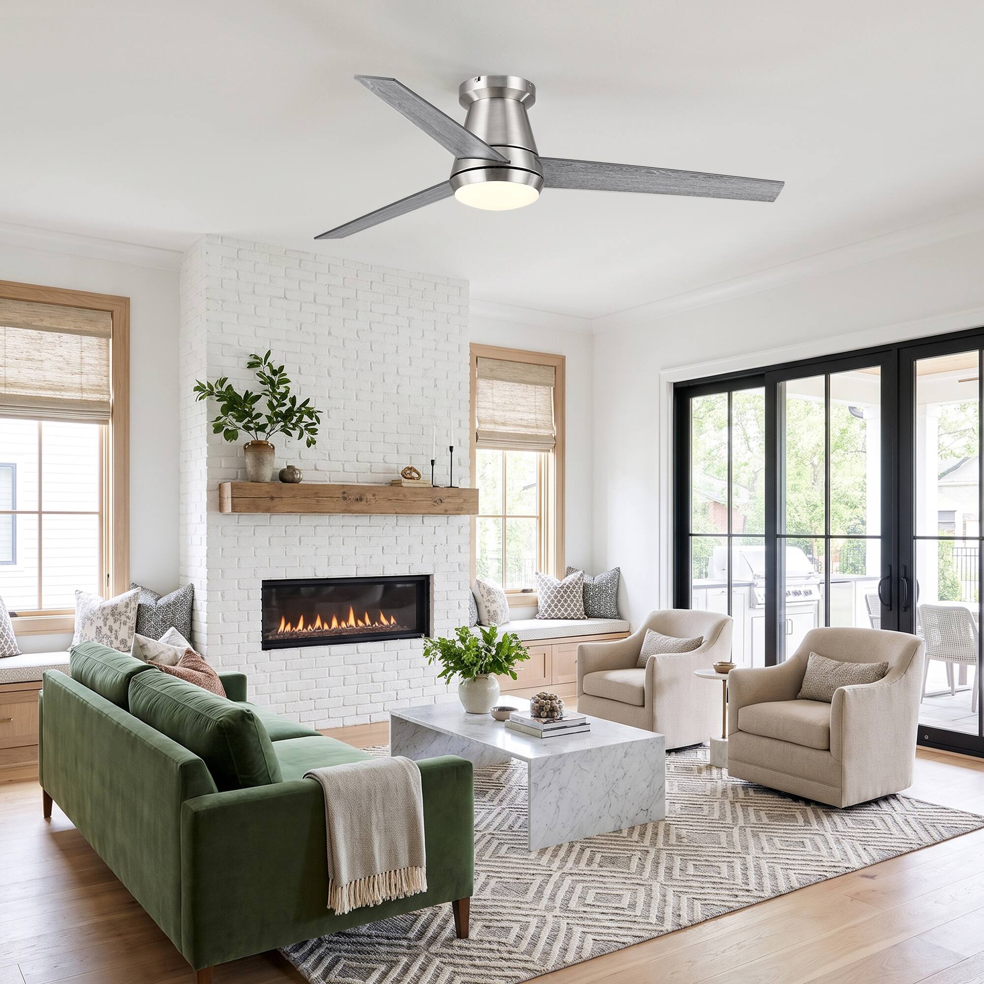 Angle. Vaczon - 52" Modern Reversible Blades Smart Flush Mount Ceiling Fan with App Control and Dimmable LED Light - Satin Nickle.