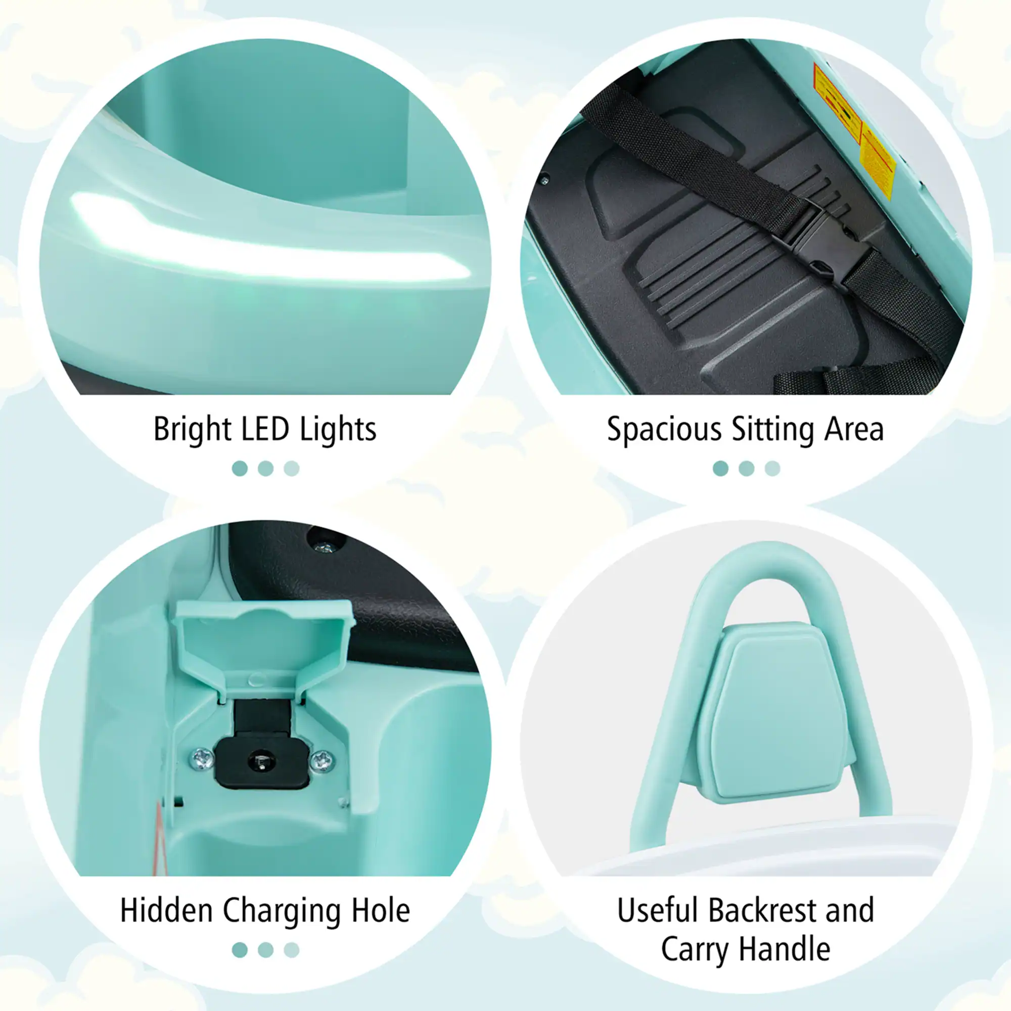 - Bright LED Lights
- Spacious Sitting Area
- Hidden Charging Hole
- Useful Backrest and Carry Handle