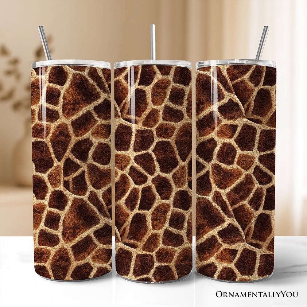 Left. OrnamentallyYou - Safari Giraffe Print 20oz Tumbler With Lid and Stainless Steel Straw, Stylish Wildlife Gift Cup - Multicolored.
