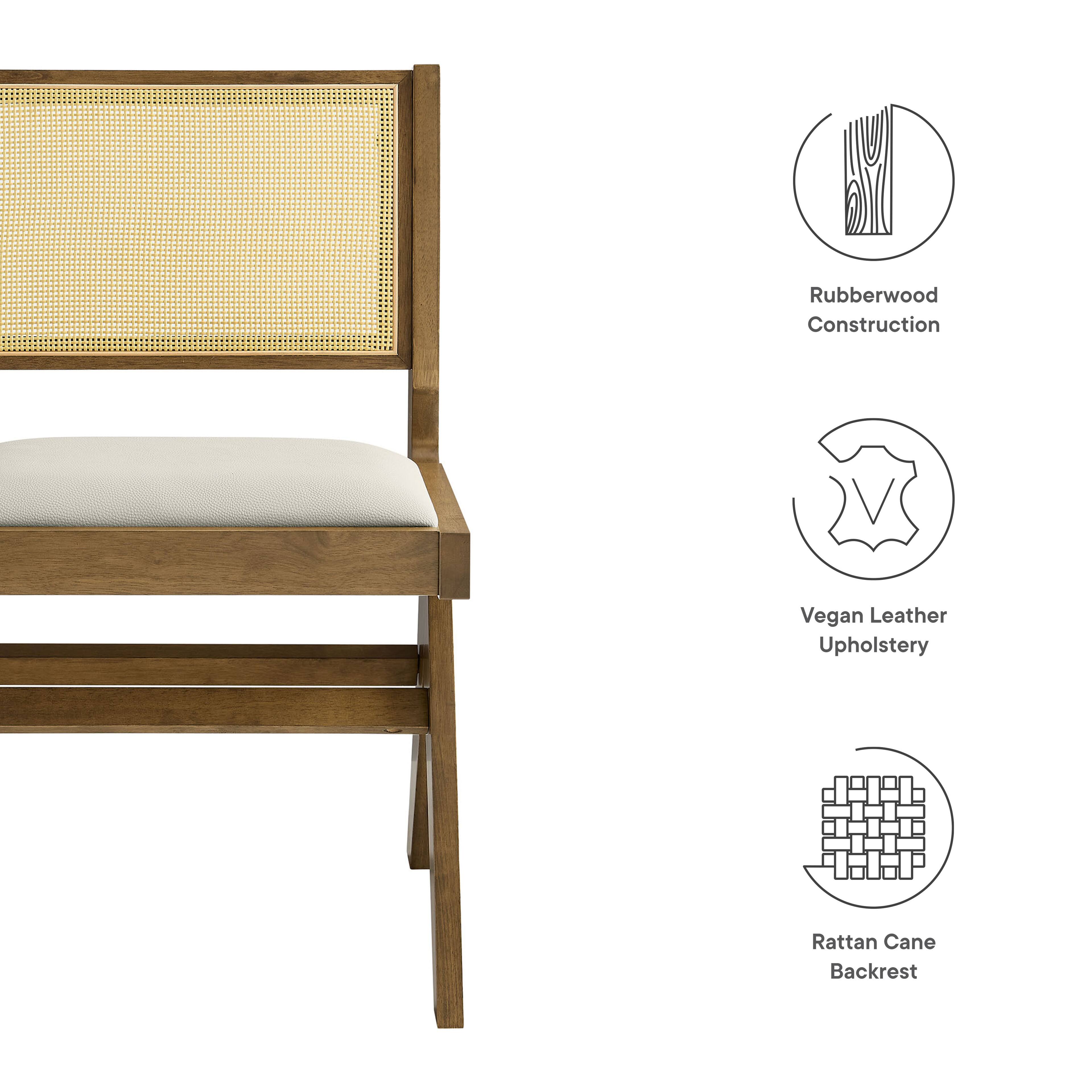 Rubberwood Construction  
Vegan Leather Upholstery  
Rattan Cane Backrest