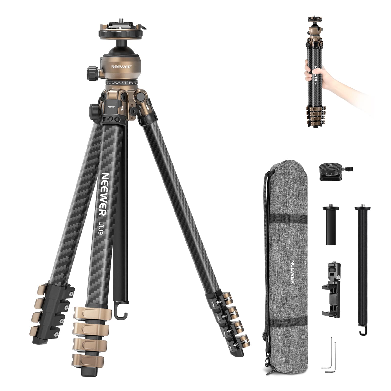 Neewer - Carbon Fiber Travel Tripod, 61", Low-Profile Ball Head, 22lb, LT39