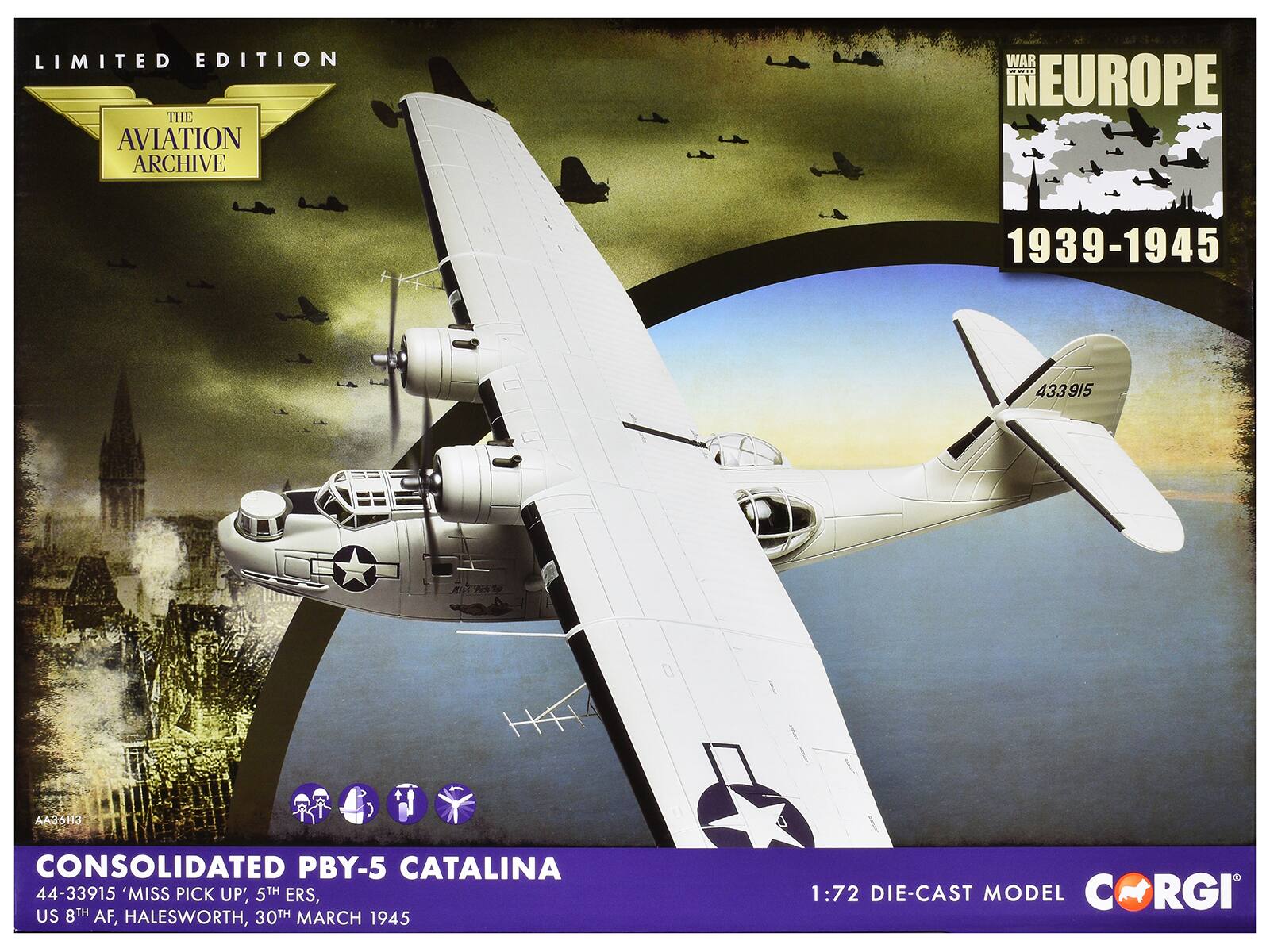 LIMITED EDITION  
THE AVIATION ARCHIVE  

WAR IN EUROPE  
1939-1945  

CONSOLIDATED PBY-5 CATALINA  
44-33915 'MISS PICK UP', 5TH ERS, US 8TH AF, HALESWORTH, 30TH MARCH 1945  

1:72 DIE-CAST MODEL  

CORG