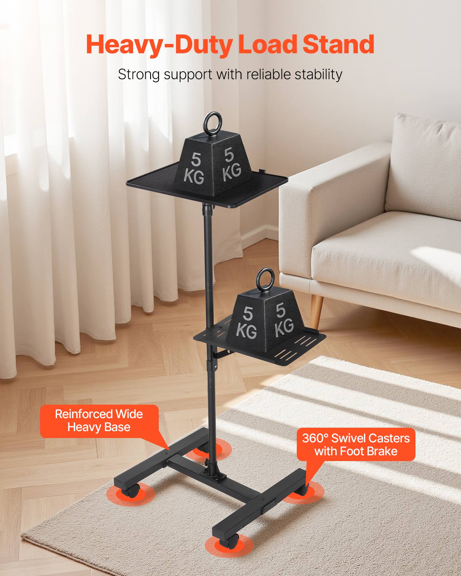 Heavy-Duty Load Stand  
Strong support with reliable stability  

Reinforced Wide Heavy Base  
360° Swivel Casters with Foot Brake