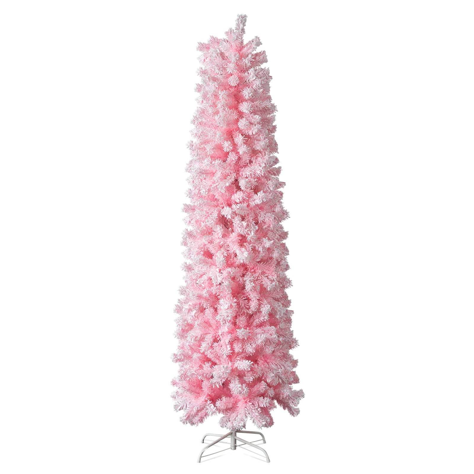 VAVSEA - 7.5 ft Snow Flocked Pencil Christmas Tree, Unlit Artificial Xmas Tree with 641 Tips & Sturdy Stand - Pink