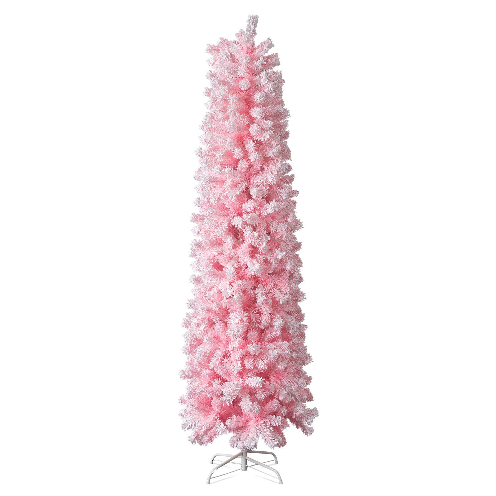 Front. VAVSEA - 7.5 ft Pink Snow Flocked Pencil Christmas Tree, Unlit Artificial Xmas Tree with 641 Tips & Sturdy Stand - Pink.