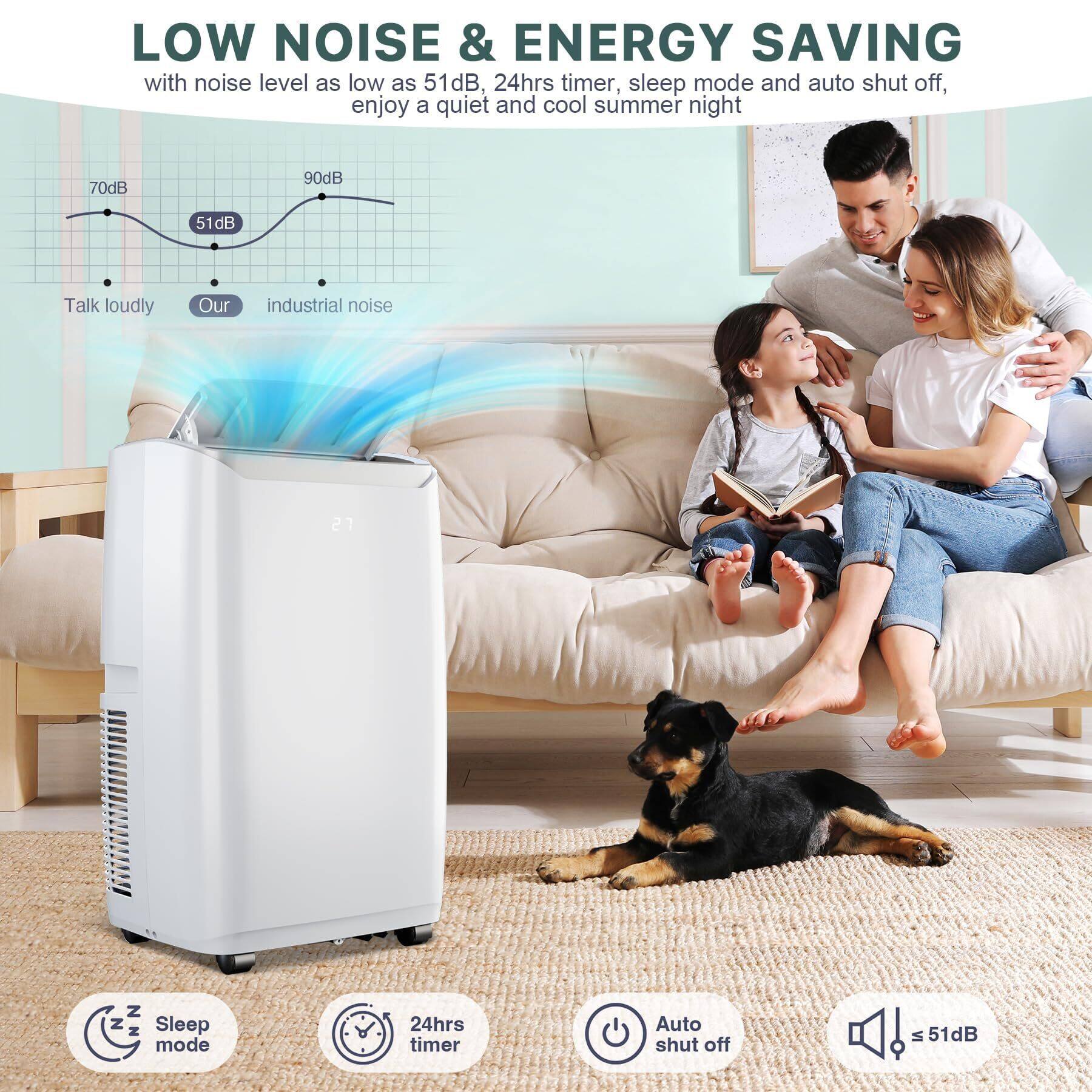 LOW NOISE & ENERGY SAVING  
with noise level as low as 51dB, 24hrs timer, sleep mode and auto shut off, enjoy a quiet and cool summer night  

- Talk loudly: 70dB  
- Our: 51dB  
- Industrial noise: 90dB  

Sleep mode  
24hrs timer  
Auto shut off  
≤ 51dB