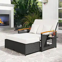 Costway - Patio Rattan Daybed Set with Cushioned Loveseat & Storage Ottoman for Porch - White + Black