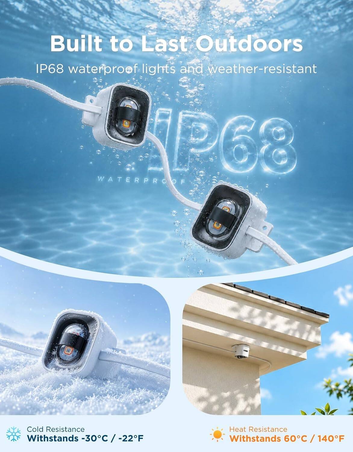 Built to Last Outdoors  
IP68 waterproof lights and weather-resistant  

Cold Resistance  
Withstands -30°C / -22°F  

Heat Resistance  
Withstands 60°C / 140°F