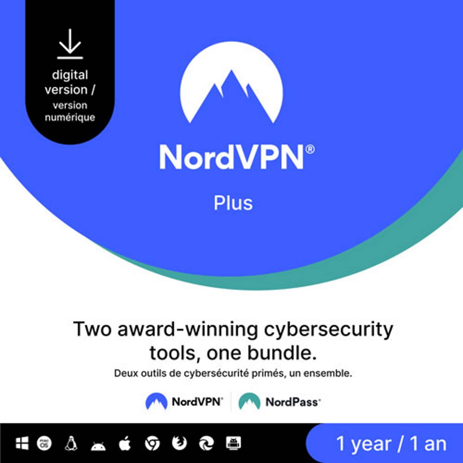 NordVPN - Cybersecurity Plus Package with VPN and Password Manager (1-Year Subscription) - Android, Apple iOS, Linux, Mac OS, Windows [Digital]