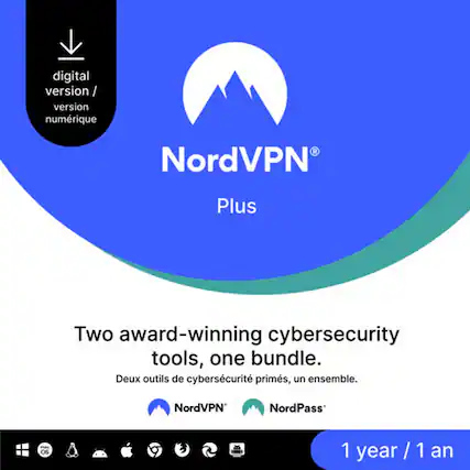 digital version / I version numérique
NordVPN® Plus
Two award-winning cybersecurity tools, one bundle.
Deux outils de cybersécurité primés, un ensemble.
NordVPN® NordPass
1 year / 1 an