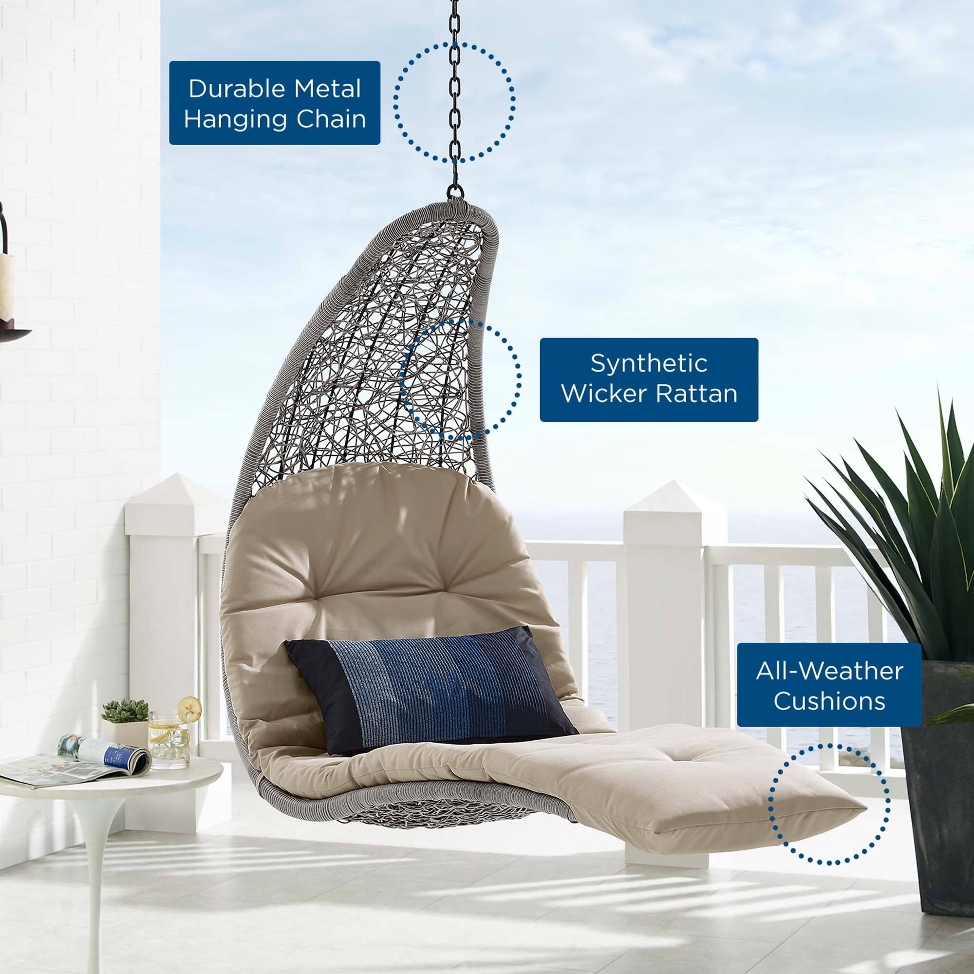 Durable Metal Hanging Chain  
Synthetic Wicker Rattan  
All-Weather Cushions