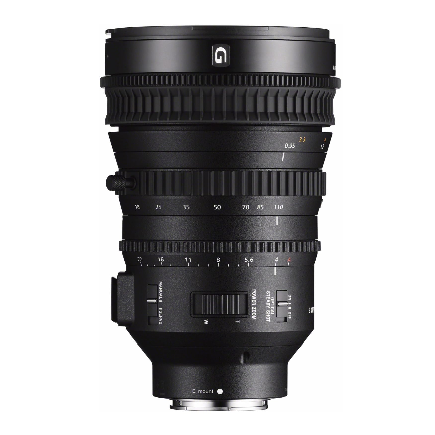 3.3 0.95
4 0.2
18
25
35
50
70
85
110
22 I
16 I MANUAL SERVO
11
W
8
T
5.6 POWER ZOOM
STEADY SHOT
4 OPTICAL
A I NO " OFF
EVE
E-mount
