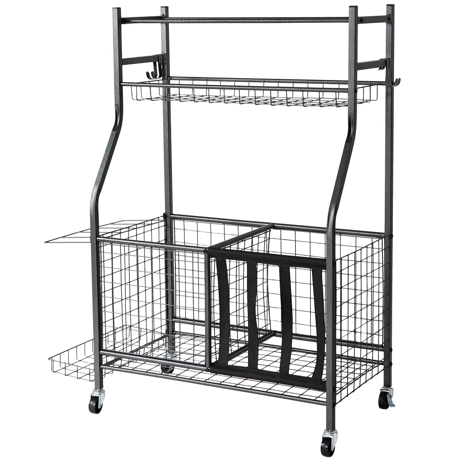 Alt View 5. VEVOR - Sports Equipment Garage Organizer, Rolling Ball Storage Cart on Wheels, Basketball Rack with Baskets & Hooks - Black.