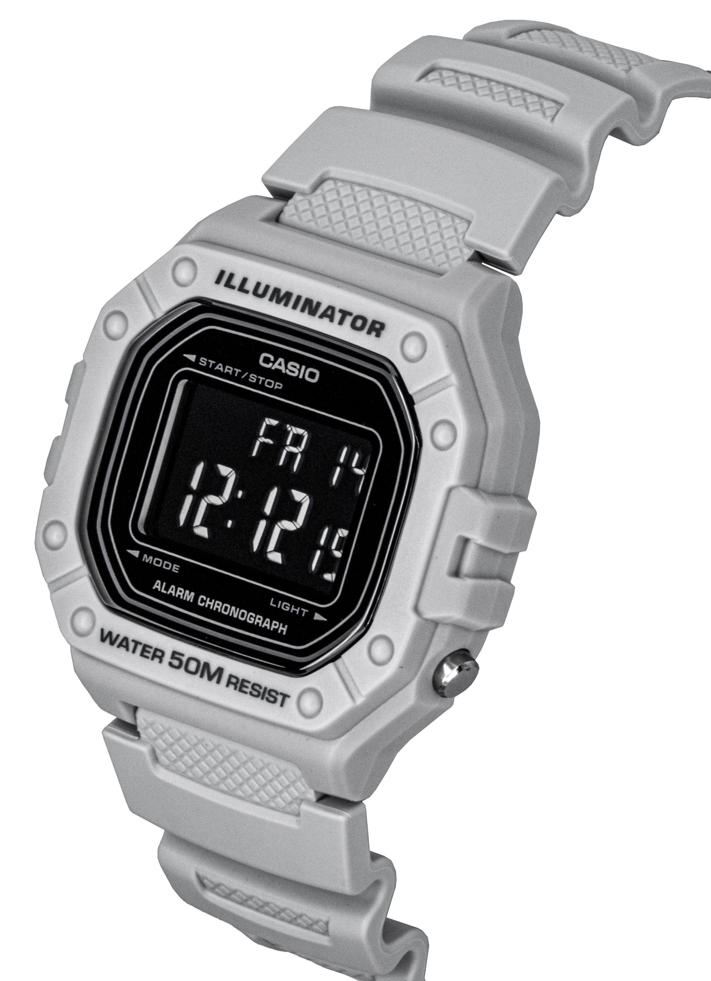 ILLUMINATOR  
CASIO  
START/STOP  
FR 14  
12:12:19  
MODE  
ALARM CHRONOGRAPH LIGHT  
WATER 50M RESIST