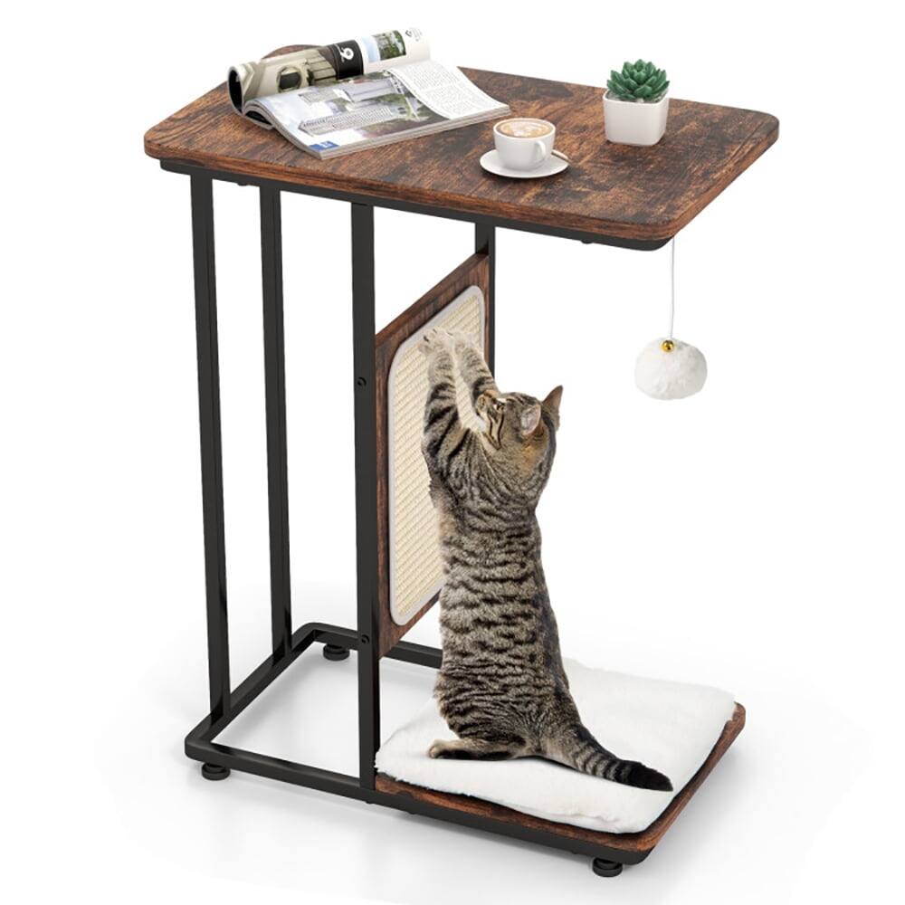 Alt View 4. Kadyn - C- Shaped Cat Side Table Cat Tree with Scratching Board-Rustic Brown - Brown.