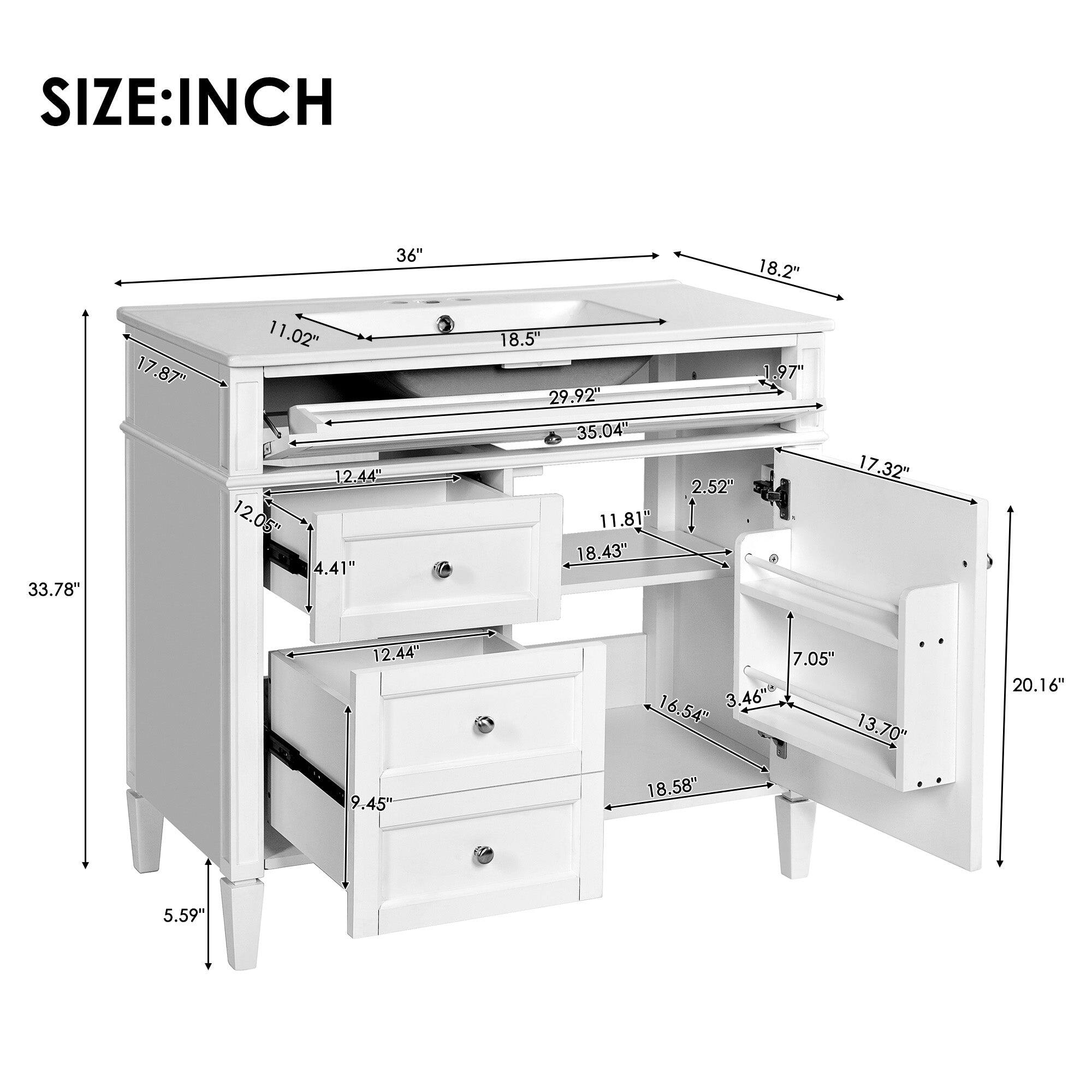SIZE: INCH  
36" 18.2" 33.78" 17.87" 11.02" 12.44" 12.05" 4.41" 18.5" 29.92" 35.04" 11.81" 18.43" 2.52" 1.97" 17.32" 12.44" 9.45" 7.05" 16.54" 3.46" 13.70" 18.58" 20.16" 5.59"