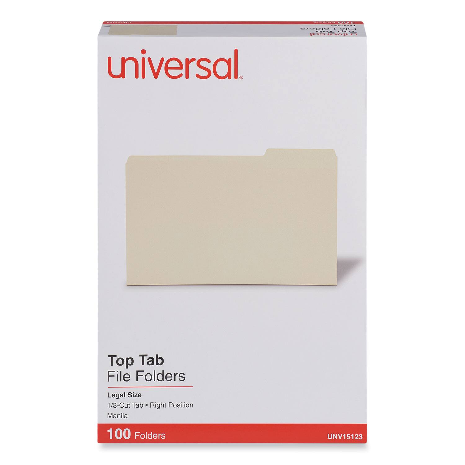 Universal  
Top Tab File Folders  
Legal Size  
1/3-Cut Tab • Right Position  
Manila  
100 Folders  
UNV15123