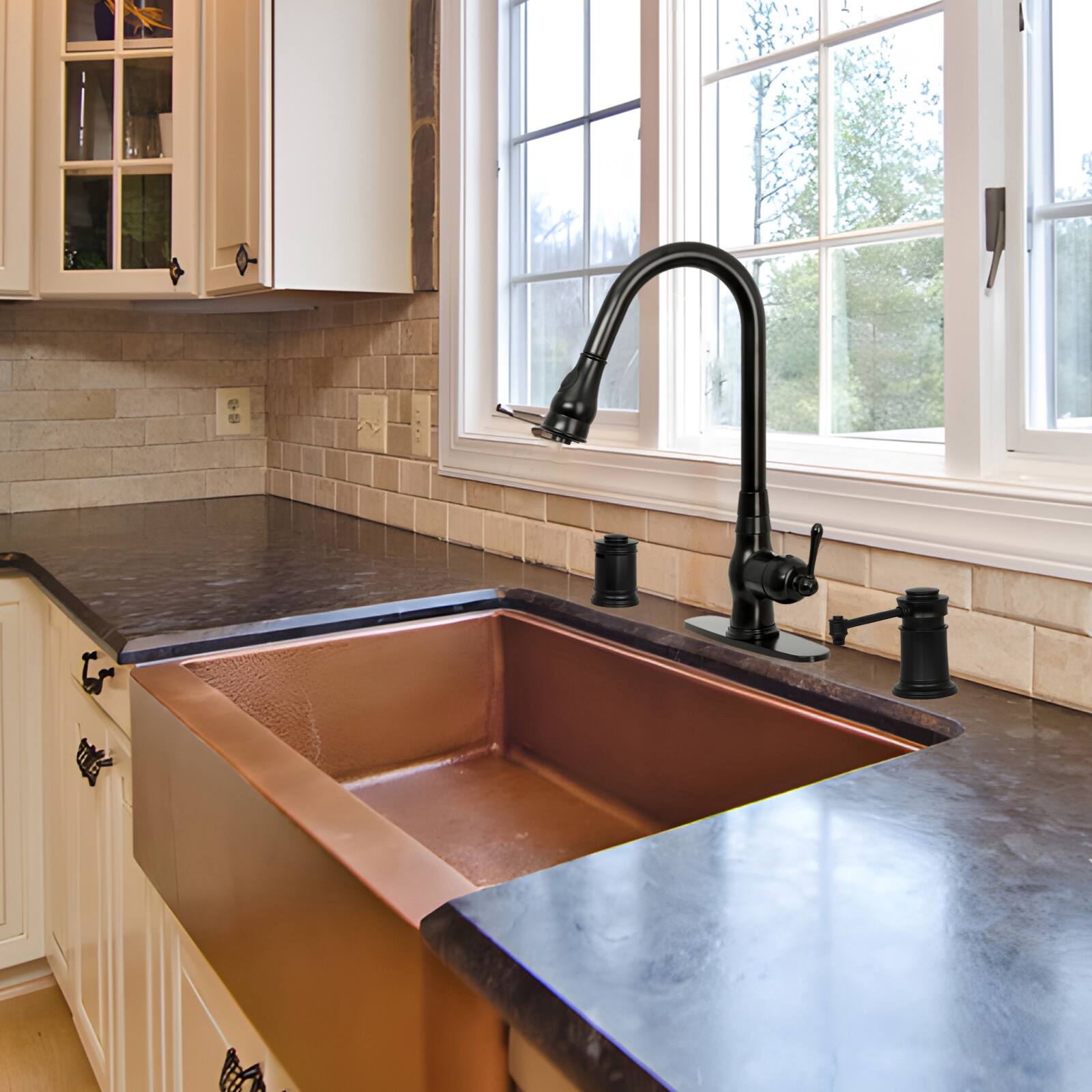 Alt View 5. Akicon - Akicon Brass Built-in Soap Dispenser for Kitchen Sink Top Refill with 17 oz. Bottle in Matte Black - Matte Black.