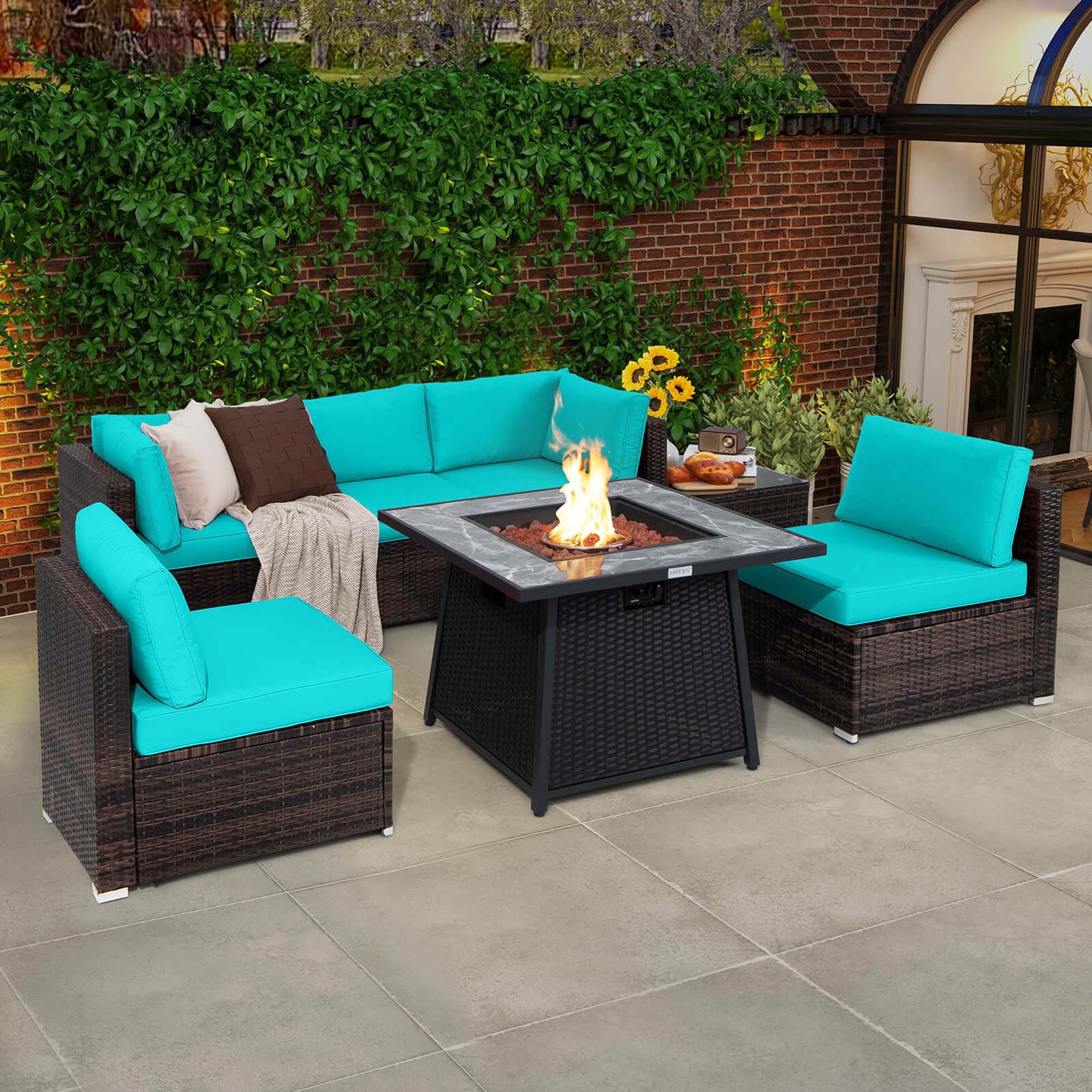 Alt View 2. Costway - 7 PCS Patio Furniture Set with 35" Propane Gas Fire Pit Table & Waterproof Cover - Turquoise.