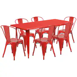 Flash Furniture - Gilbert Commercial Grade 31.5" x 63" Rectangular Metal Indoor-Outdoor Table Set with 6 Stack Chairs - Red