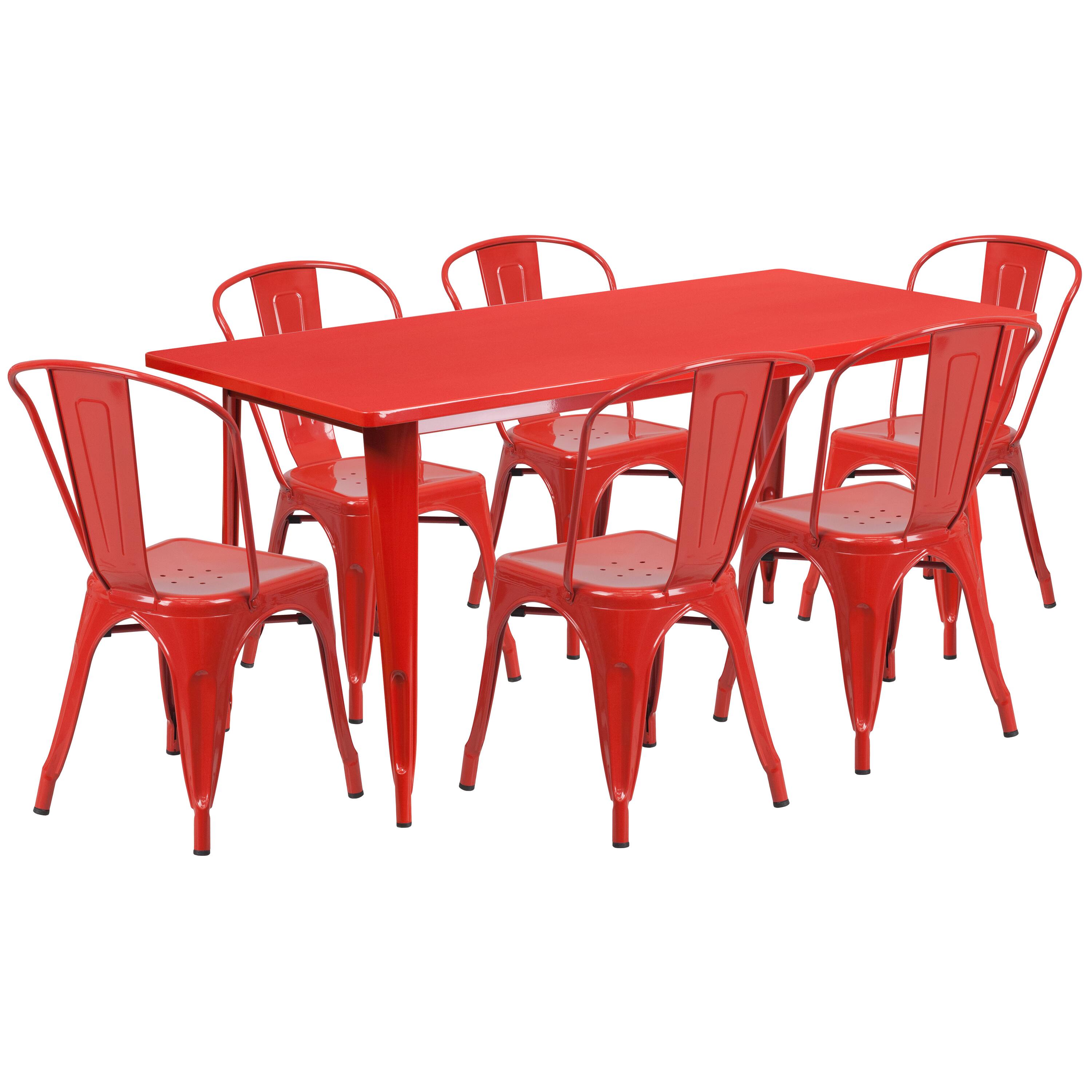 Alt View 1. Emma + Oliver - Commercial Grade Rectangular Metal Indoor-Outdoor Table Set with 6 Stack Chairs - Red.