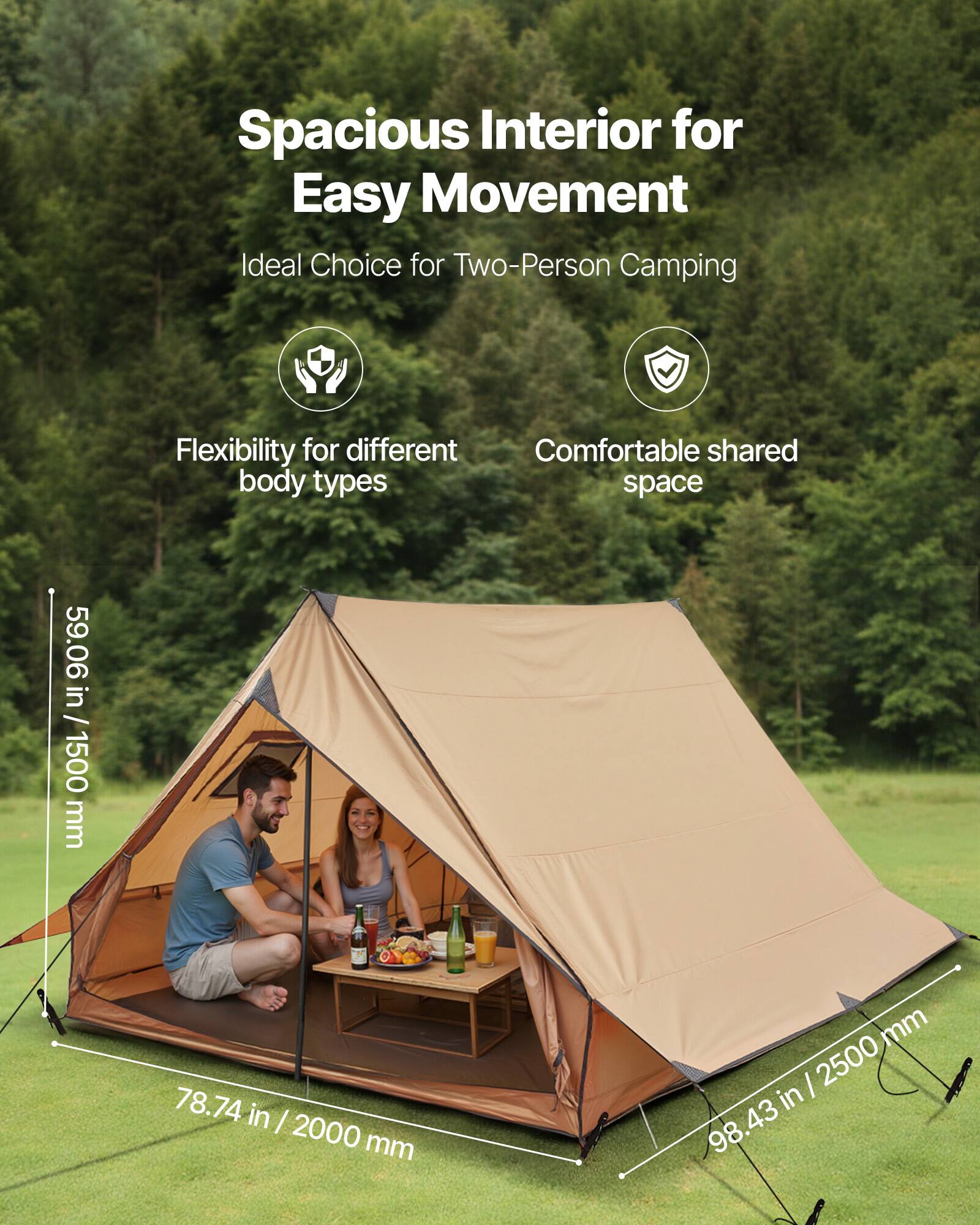 Spacious Interior for Easy Movement  
Ideal Choice for Two-Person Camping  

Flexibility for different body types  
Comfortable shared space  

59.06 in / 1500 mm  
78.74 in / 2000 mm  
98.43 in / 2500 mm