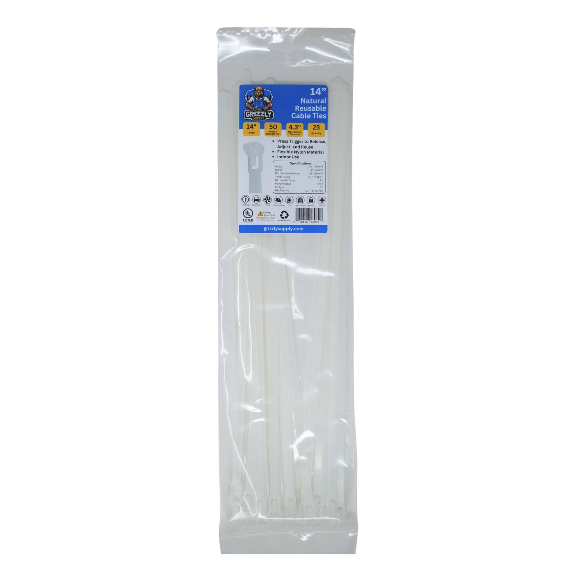 GRIZZLY 14" Natural Reusable Cable Ties 14 - s I : 4.3 - - | 25 | Press Trigger to Release, Adjust and Reuse Nylon Material for Use - - - | I - / - I | I | I - I - - . I : : I i - 1 - 1 - - - - f ..  grizzlysupply.com