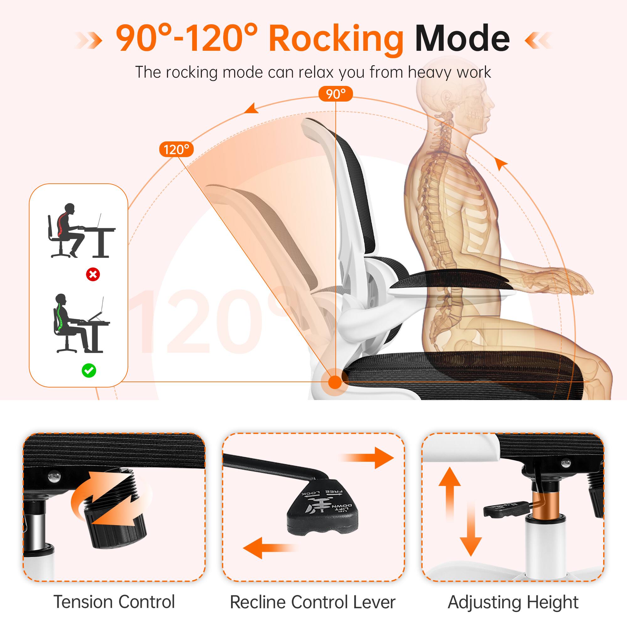90°-120° Rocking Mode  
The rocking mode can relax you from heavy work

Tension Control  
Recline Control Lever  
Adjusting Height