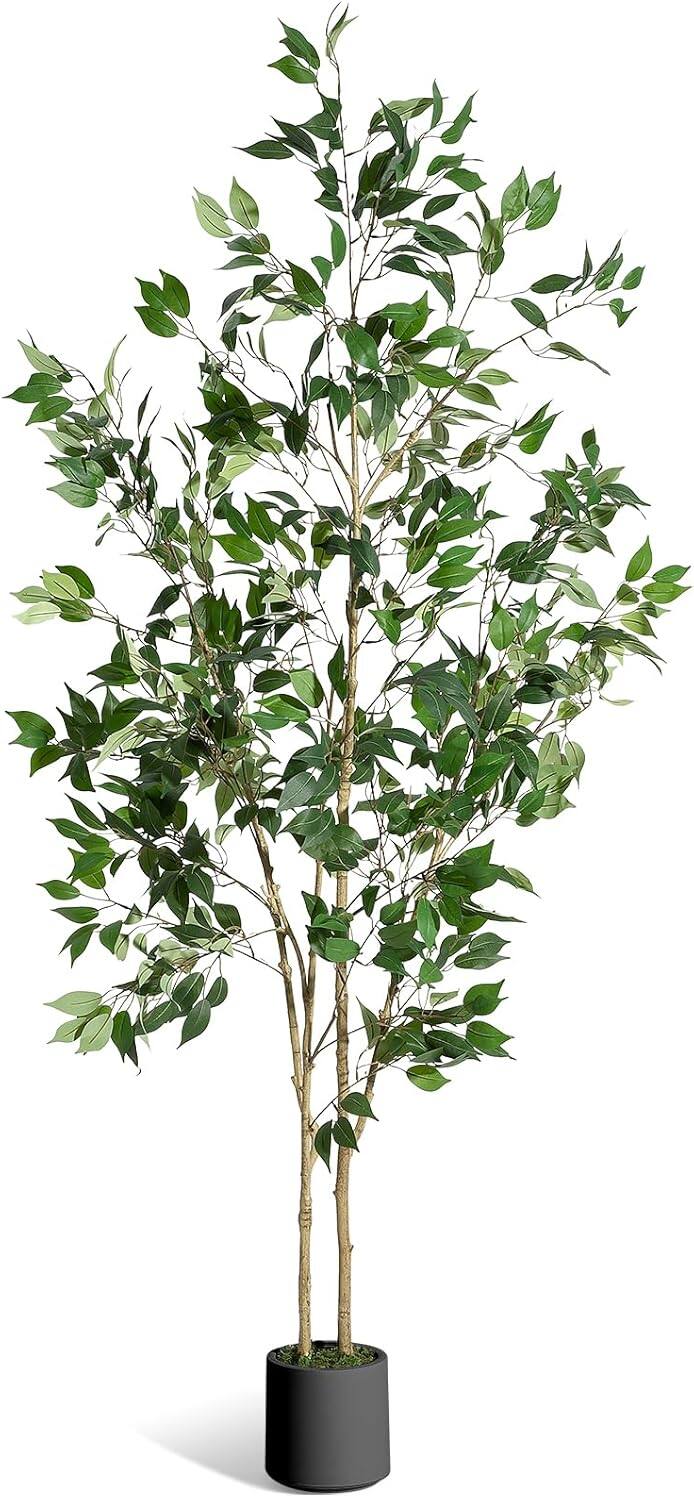 Front. Homhougo - 7FT Ficus Trees Artificial Indoor, Faux Silk Plant with Natural Wood Trunk and Lifelike Fruits, Black Imitation Ceramic - Black.