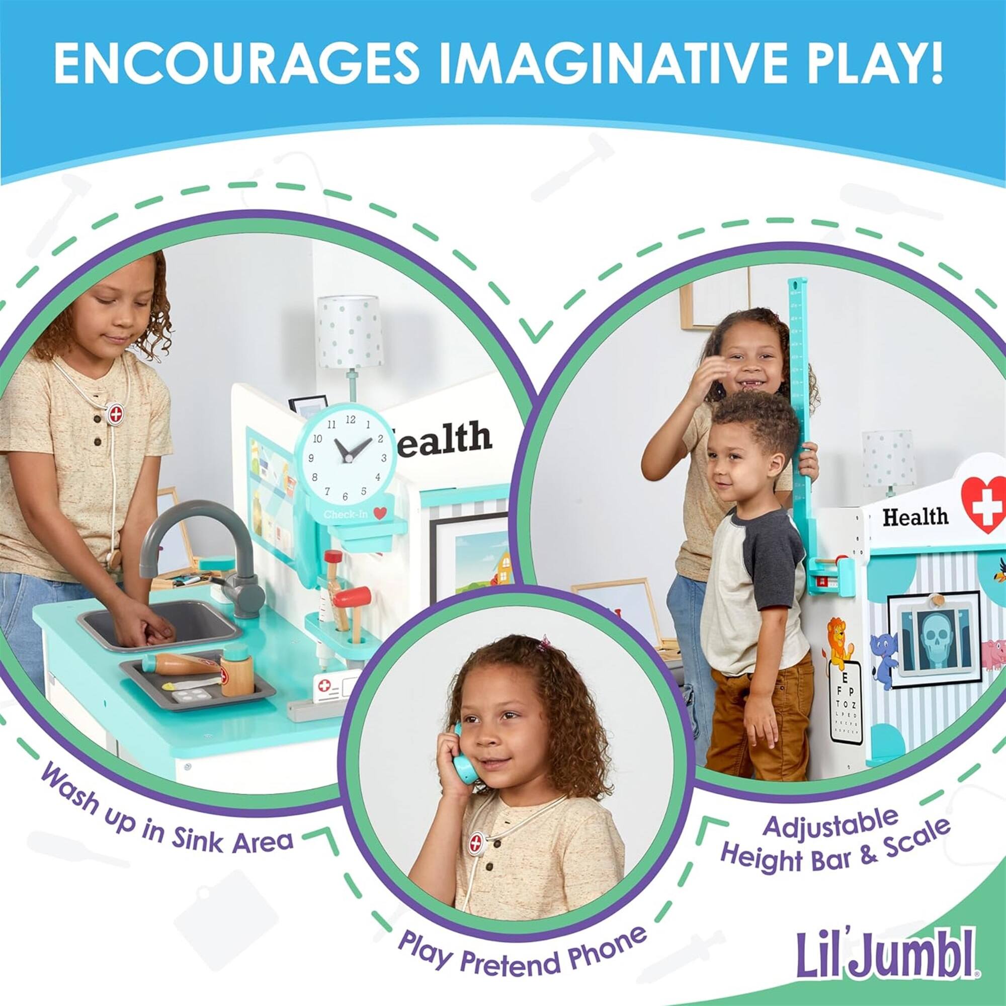ENCOURAGES IMAGINATIVE PLAY!

- Wash up in Sink Area
- Play Pretend Phone
- Adjustable Height Bar & Scale

Health

Lil'Jumbl