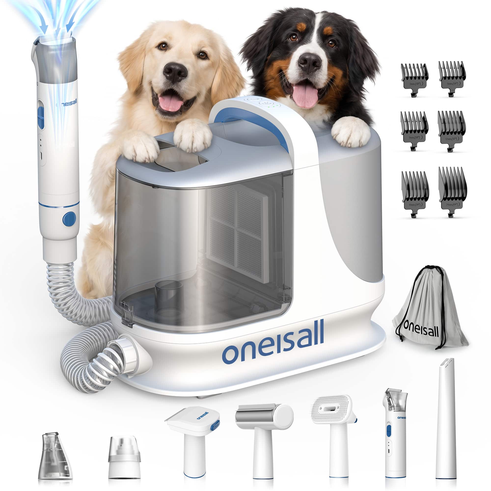 Oneisall - 7-in-1 Professional Pet Grooming Vacuum With Clipper, Paw Trimmer, Nail Grinder, Shedding Brush Low Noise High Suction