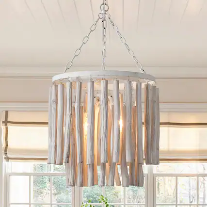 Front. Parrot Uncle - 17"W Farmhouse White Wooden Adjustable 4-Light Chandelier - White.