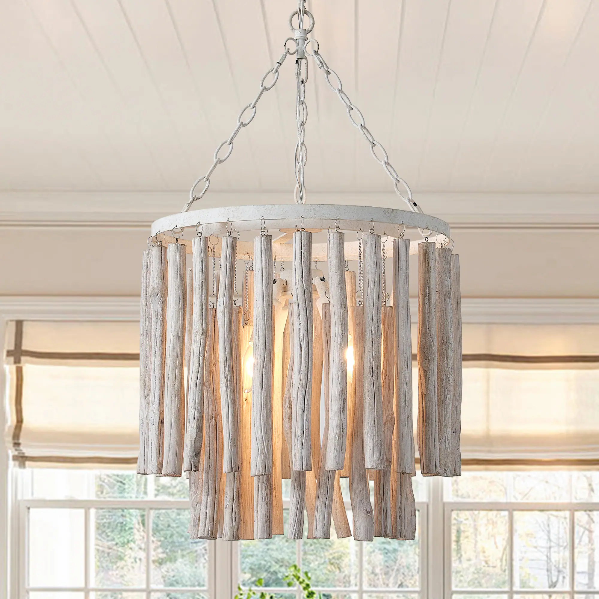 Front. Parrot Uncle - 17"W Farmhouse White Wooden Adjustable 4-Light Chandelier - White.