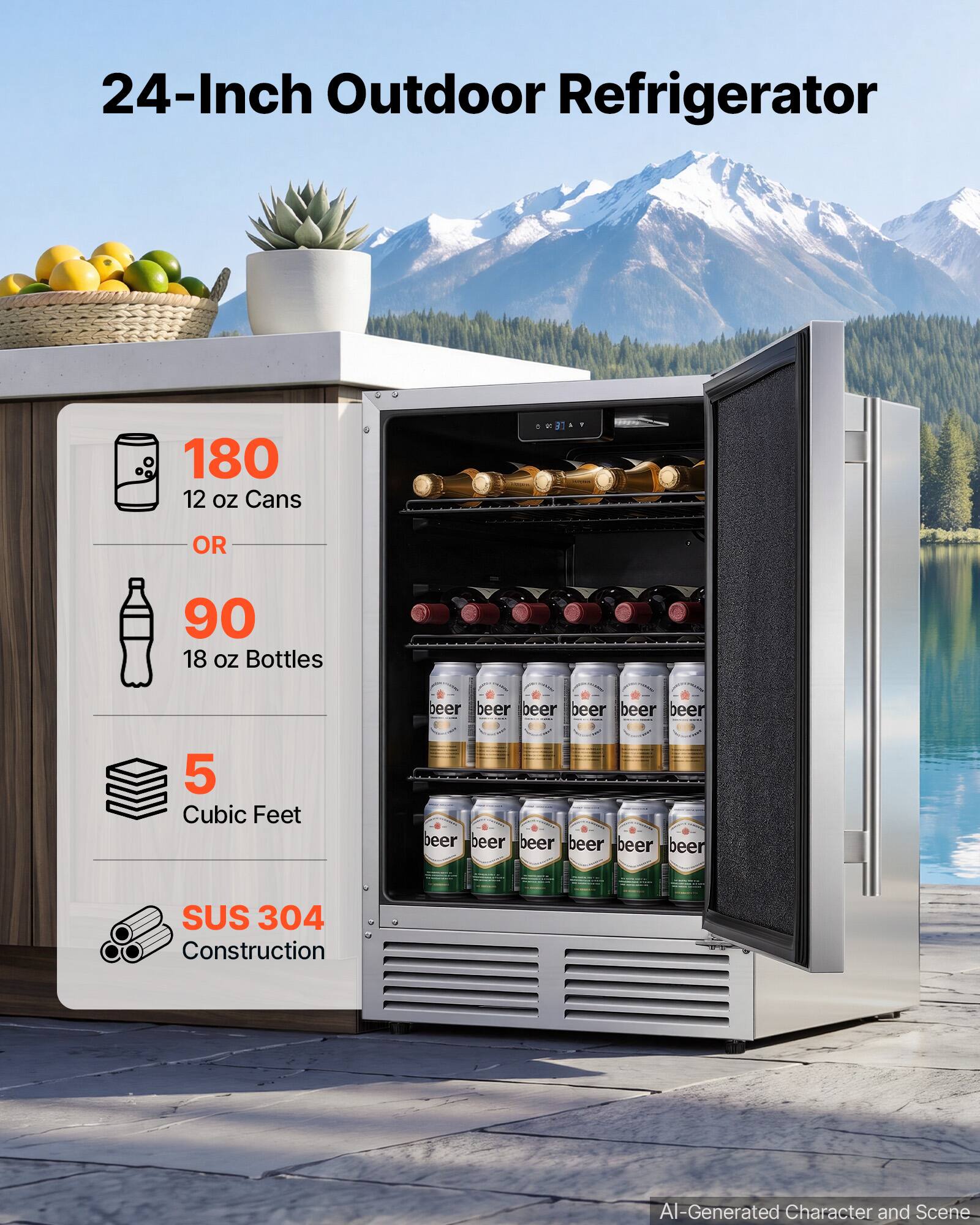 24-Inch Outdoor Refrigerator

180 12 oz Cans
OR
90 18 oz Bottles

5 Cubic Feet

SUS 304 Construction

AI-Generated Character and Scene