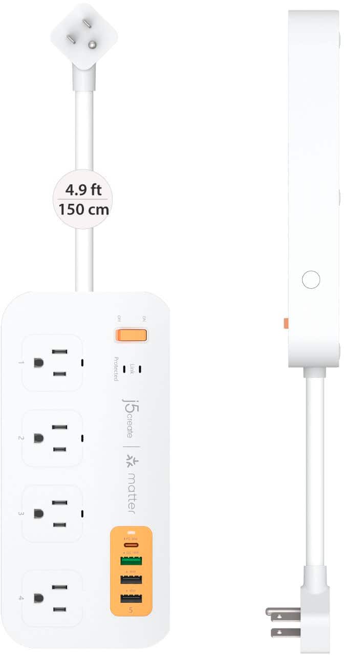 The text on the image reads: "4.9 ft 150 cm OFF NO 2 3 Protected Link j5 j5create create | * matter PO20W cn W 5."