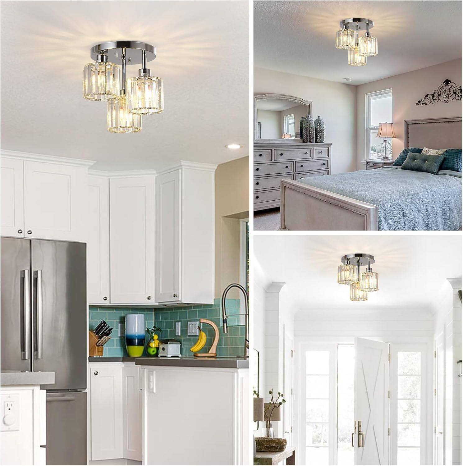 Alt View 4. MERAVOM - Crystal Semi Flush Mount Ceiling Light,3-Light Modern Close to Ceiling Light Fixtures with Clear Crystal Shade for Foyer - Silver.